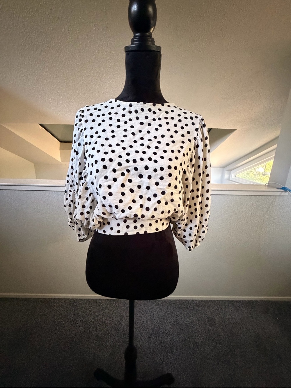 Polka Dot Long Sleeve Cropped Top - White with Black Dots